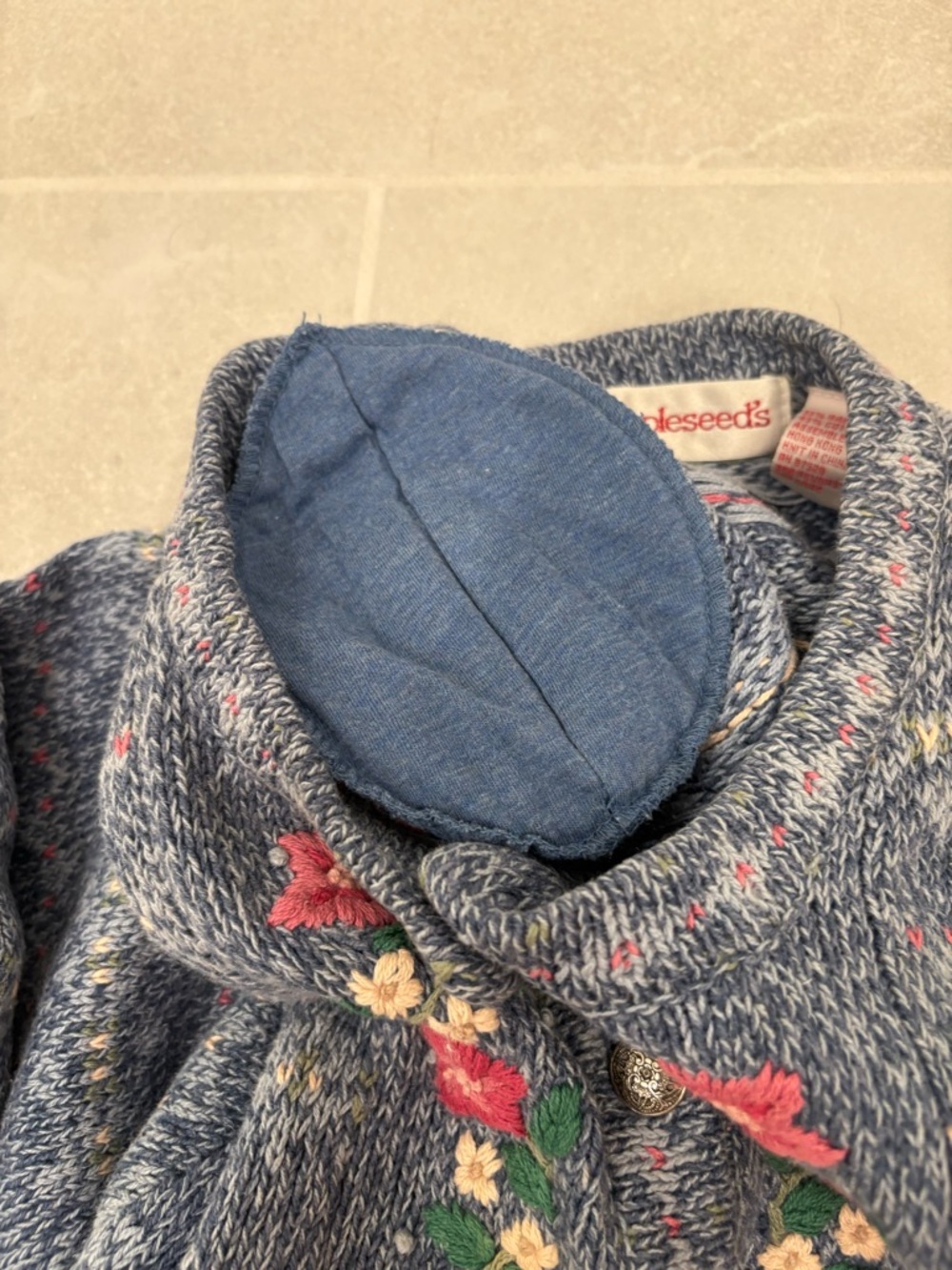 Vintage 90s Appleseed’s Hand Knit Embroidered Cotton Ramie Cardigan Size Small - Picture 9 of 10